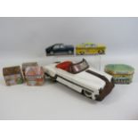 Vintage Tin Amar Toys friction car plus a selection of car and house related sweet tins.