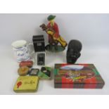 Mixed lot including a cast iron door stop in the form of a golfer,, Vintage playing cards etc