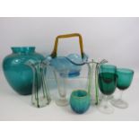 Mixed lot lot of blue, teal and green art glass.