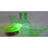 5 pieces of art deco uranium glass (slight chip to one of the candle stick bases)