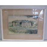 Watercolour painting of a Country house and church signed Ray Stimpson F.R.S.A, 20.5" by 16"