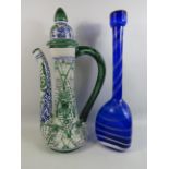 Very Large turkish teapot (23" Tall) and a large blue art glass bottle with white swirls.