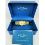 Ladies Rotary Gold Tone watch with date window, model 1089. Quartz Movement, original box. Will need