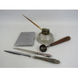 Mixed lot to include a ink well and dip pen, a sterling silver handled letter opener etc.