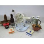 Interesting mixed lot hangman shot glasses, chicken roasting stand etc.