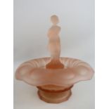 Art Deco Cambridge glass pink frosted centrepiece bowl with draped lady figure. Approx 26cm tall.