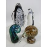 3 Art glass animal paper weights plus one other, Schroder and Venus New Zealand.