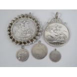 2 Mounted 1899 Queen Victoria silver Crowns plus 3 small silver coin pendants. Total weight 80.4