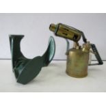 Cast metal shoe last and brass blow torch.