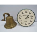 Large wall mounted brass bell and a Ceramic Cornish clock.