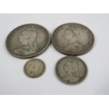 Queen Victorian 1887 Double Florin and a 1899 Crown plus 2 other silver coins.