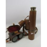 W.W Scott and co brass telescope in leather case plus a pair of binoculars.