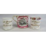 Antique Sunderland lustreware mug and 2 victorian souvenir cups.