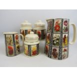 2 Jugs and 3 storage jars by Amber glade with a floral cigarette card design.