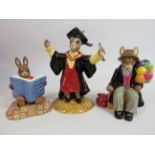 3 Royal Doulton Bunnykins figurines, Graduation Time, Balloon man and William reading without tears.