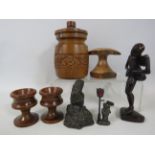 Mixed lot to include a small abstract wooden sculpture, turned wood egg cups etc.