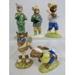 5 Royal Doulton Bunnykins figurines, Ace, stop watch, Running, Boy skater and Home run.