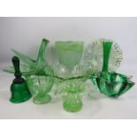 Selection of art deco green glass, bowls, vases etc.