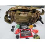 Camo shoulder or belt attached bag for hunting or fishing plus boxes of 0.177 pellets. See photos.