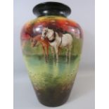 Large S Fielding c1890s handpainted vase dipicting horses in a stream signed M Lucas, approx 16"