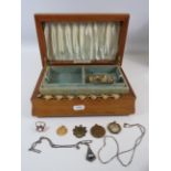 Teak wood vintage jewellery box wood from HMS Royal Soverign and contents including sterling