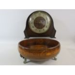 Smith chiming mantle clock in running order plus a wooden bowl standing on 3 metal feet.