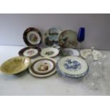 Selection of collectable plates and crystal glass.