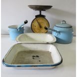 Vintage enamel pans and dishes plus a set of vintage salter scales.