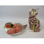 Royal Crown Derby paperweights Imari Cat (small chip to ear) and a Pheasant both no stopper.