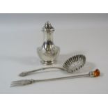 Birmingham Sterling silver pickle folk, sugar sifter spoon and pepper pot. 38 grams