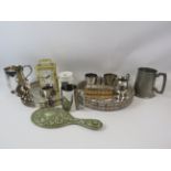 2 silver plated gallery trays various tankards and a Rapport carriage clock