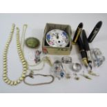 Mixed lot of including costume jewellery, Fountain pens and a enamel faced clock.