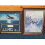 Dambusters print with coins, framed and mounted plus a framed print of a Harrier jet. See photos.