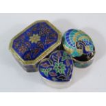 Two 925 silver enamel pill boxes and one which is white metal