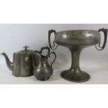 W & Co Art Nouveau Pewter twin handle pedastal bowl plus a teapot and a jug,