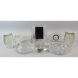 Selection of paper weights, Tyrone crystal clock and Waterford crystal picture frame.