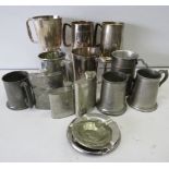 Selection of silver plated and pewter tankards, hip flasks and ashtrays.