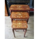 Nest of three Sorento ware stacking tables. Smaller table has lifting lid and music box in working o