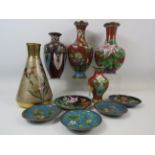 Selection of cloisonne vases and pin dishes.