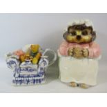 Beatrix Potter Enesco Miss Tiggy winkle cookie jar and a Ringtons Paul Cardew teapot " Tea Time"