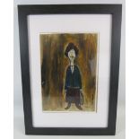 Framed Oil painting of a bag lady after L.S Lowry, the painting measures 29cm by 20cm.