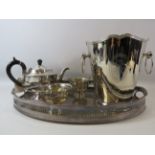 Louis Roederer Champange bucket, a silver plated gallery tray and teaset.