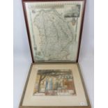 Framed Watercolour of the Old Barn at Stamford by Eleanor Pearson plus reproduction antique map of L