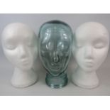 Green glass vintage life sized head shaped wig stand plus two polystyrene modern wig stands. Life