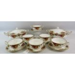 2 Royal Albert Old country roses tureens and 6 soup coups and saucers.