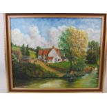 Pleasing Acrylic on board of a Riverside farm scene. Bears the signature of John Linton. Frame meas