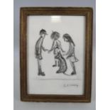 Small Framed sketch by L.S Lowry of Children and a dog. 18.5cm by 14cm.