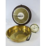 Pair of wall mounted vintage salter scales plus a vintage alarm clock.