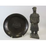 Chinese terracotta army ceramic figurine plus a bronze effect oriental bowl.