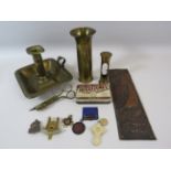 Mixed collectables lot to include militaria, Trench art, Copper door plate etc.